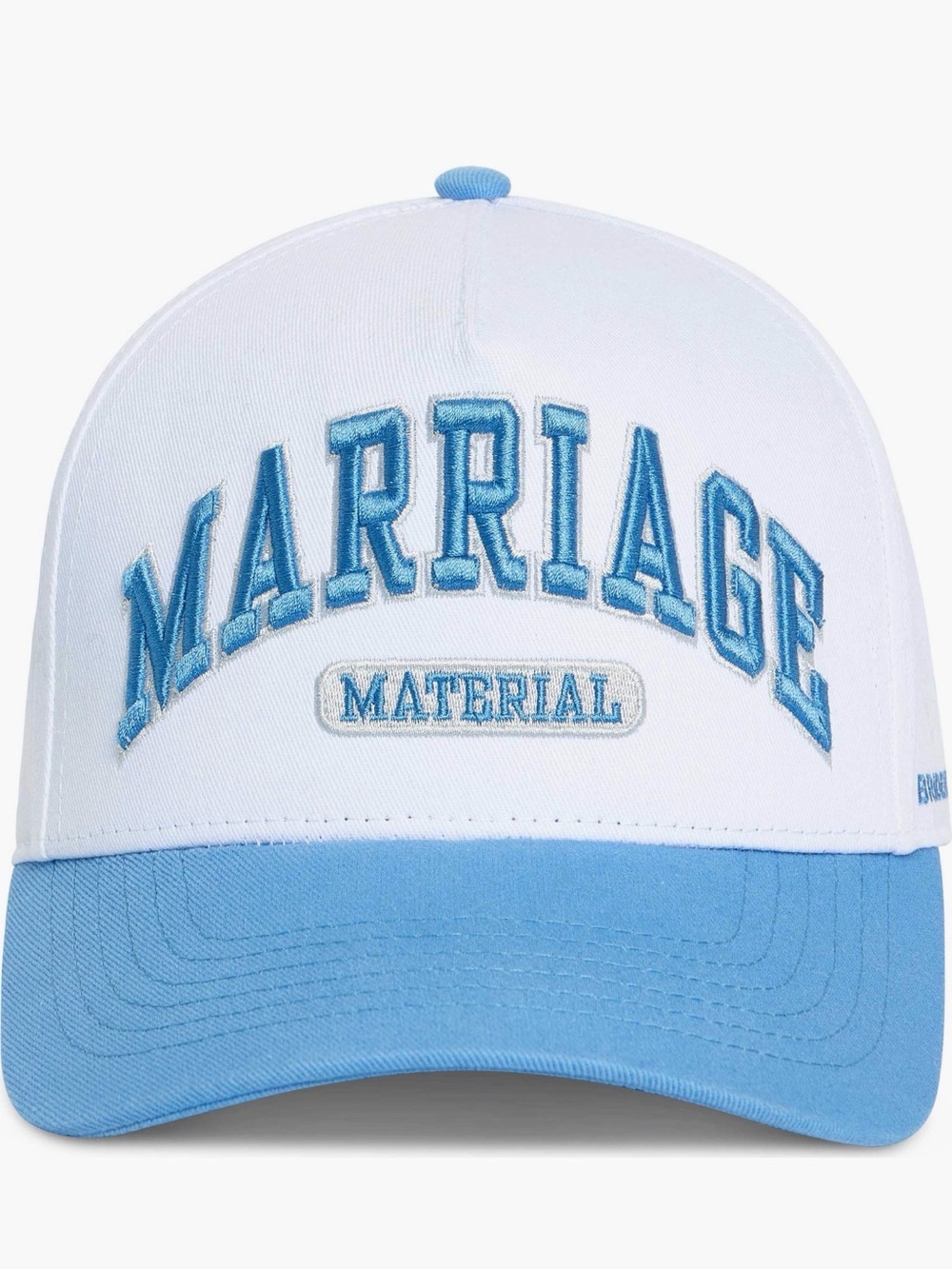 Bridemerch White & Light Blue 'Marriage Material' trucker hat